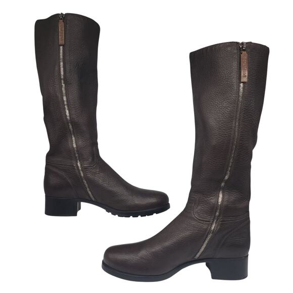 Prada Boots Womens 39.5 9.5 Brown Leather Knee High Block Heel Riding Side Zip - Picture 3 of 16